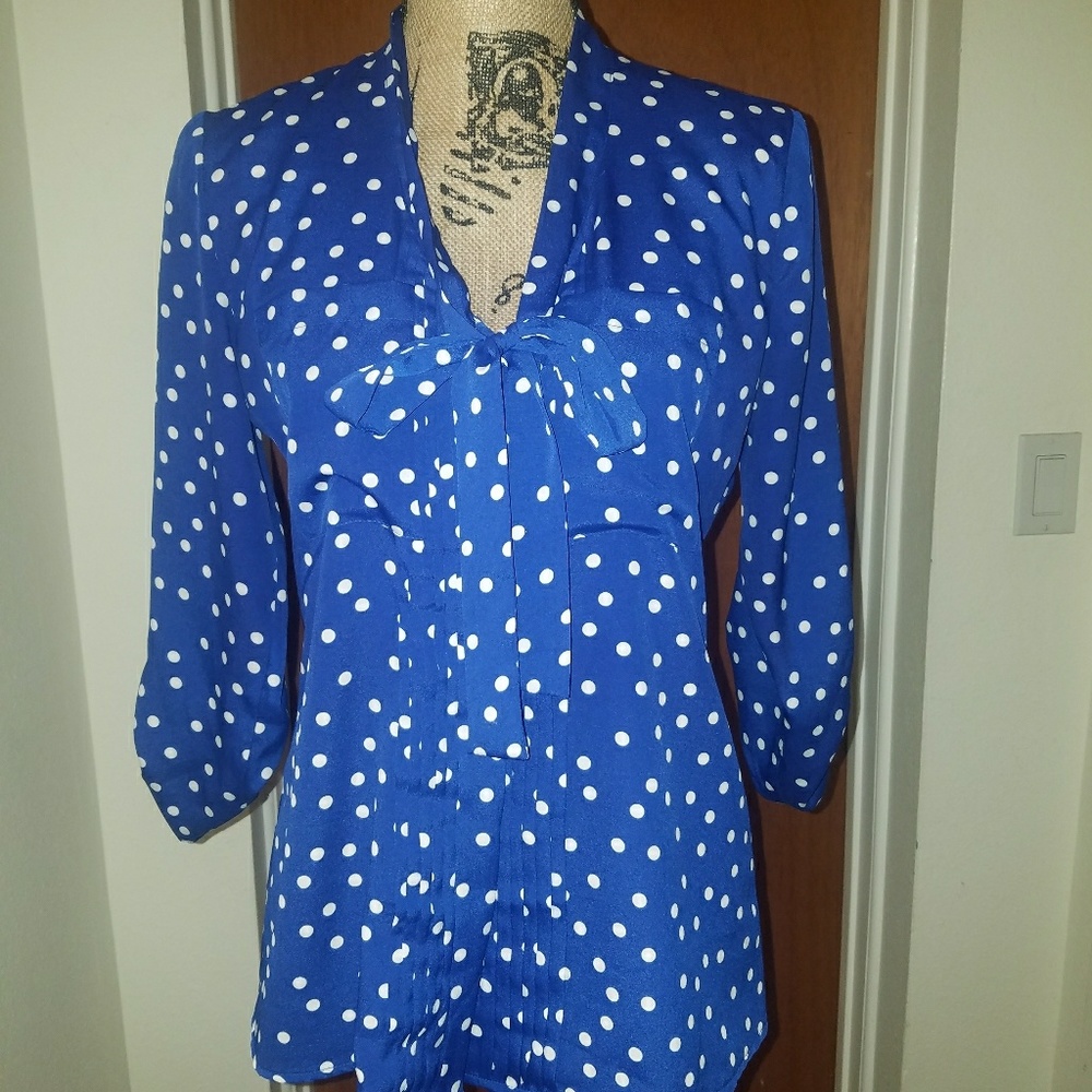 Cobalt blue white polka dot blouse